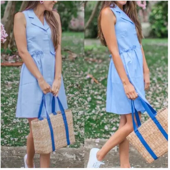 Tuckernuck Shirt Dress Oxford Royal Blue Sleeveless Ruffle Drop Waist V-Neck lar - Picture 3 of 3